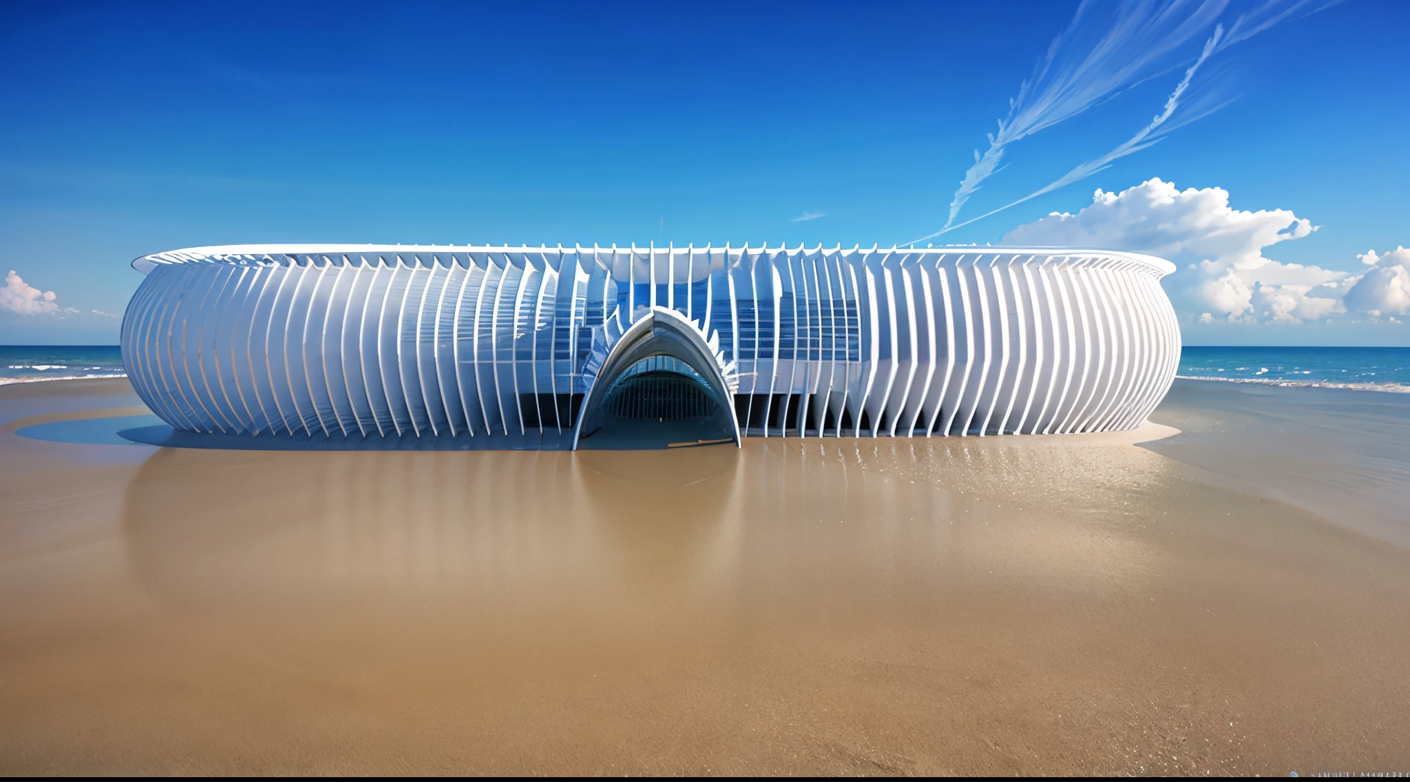 arafed structure with a cross on the top of it on a beach, architecture render, highly photographic render, photographic render, with 3 d render, with 3d render, front perspective, physical based render, architectural render, 3d rendered model, architectural concept, conceptual rendering, rendered 3d model, rounded roof, parametric structure, detail render
