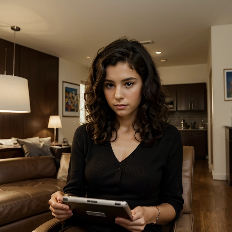 Cartoon image of a dark-haired, curly-haired boy of approximately eight years old who is sitting in the living room with his eyes fixed on his tablet while his mother, a tall, well-dressed woman, tries to talk to him