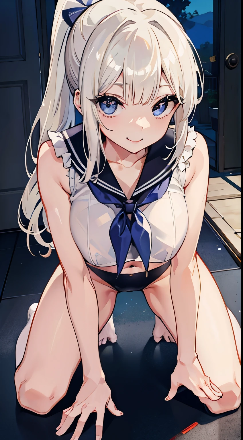 top-quality、realistic touch,high-detail、photoRealstic、thin-waist、captive beauty、big eye、Strong platinum blonde eyelashes、platinum-blond、full body Esbian、Sparkling eyes、Submissive smile、Flushed cheeks、Kamimei、thin-waist、Voluptuous thighs、Enraptured look、Raked bangs、The forehead is protruding、At the front door of the house、pony tail hairstyle、Navel Look、she is in estrus、A pose where you crawl on all fours、a sailor suit、cocky expression、huge tit