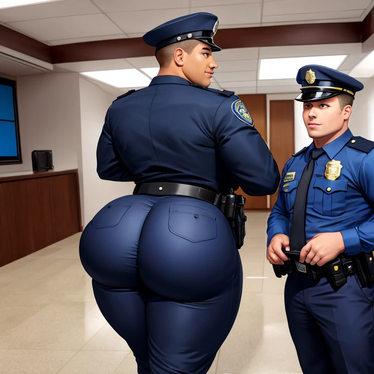 Two male police officers, in uniform, looking at camera, showing off their butts, two huge asses, massive boy butt, large ass, comically massive ass, thick ass, round ass, juicy ass, wide ass, full ass, tight pants