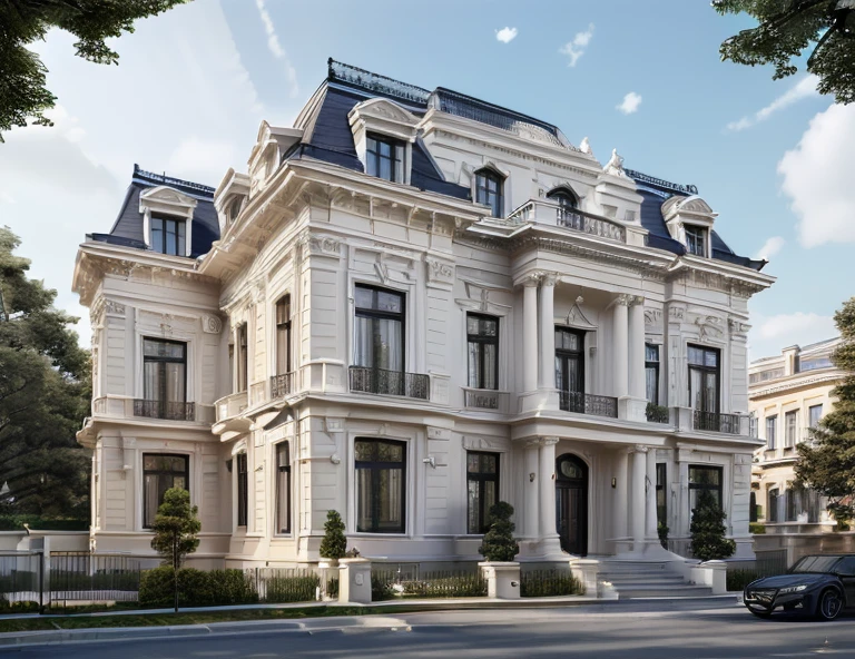 masterpiece, (photorealistic:1.2), best quality, ultra high res, exterior,architechture,modern house,white wall, glass windows,,trees,traffic road,design,trees around, blue sky,in the style of realistic hyper-detailed rendering, 32k uhd, low-angle, composite construction, luxury neoclassical villa, in the style of neoclassical scenes, hallyu, white, (dark navy roof:1.2), daylight, decorative art nouveau, les nabis
 masterpiece,ultra realistic,32k,extremely detailed CG unity 8k wallpaper, best quality