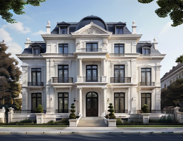 masterpiece, (photorealistic:1.2), best quality, ultra high res, exterior,architechture,modern house,white wall, glass windows,,trees,traffic road,design,trees around, blue sky,in the style of realistic hyper-detailed rendering, 32k uhd, low-angle, composite construction, luxury neoclassical villa, in the style of neoclassical scenes, hallyu, white, (dark navy roof:1.2), daylight, decorative art nouveau, les nabis
 masterpiece,ultra realistic,32k,extremely detailed CG unity 8k wallpaper, best quality