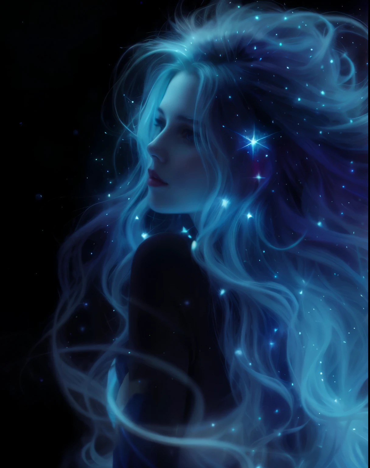 woman with hair and stars in her hair, Luminous blue face, Luminous loose hair, Girl with space hair, Out of the blue fire, Yuri Shvedoff and Tom Bagshaw, Luminous hair, Portrait of a space goddess, Luminous hair, Strange portrait with galaxy, Portrait of a cosmic being, visible brushstrokes