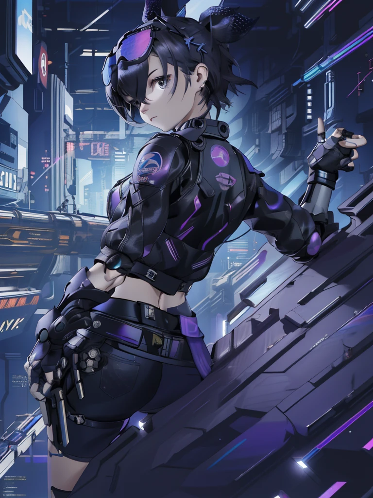 1girl, medium plane, intricate details, (cyberpunk), (from behind), mechanical arms, (shiny neon armor), machines, black and dark background, a gun in her hand, (lasers), ultra realistic, ultra detailed, 8k, high resolution, looking cool and beautiful, looking badass