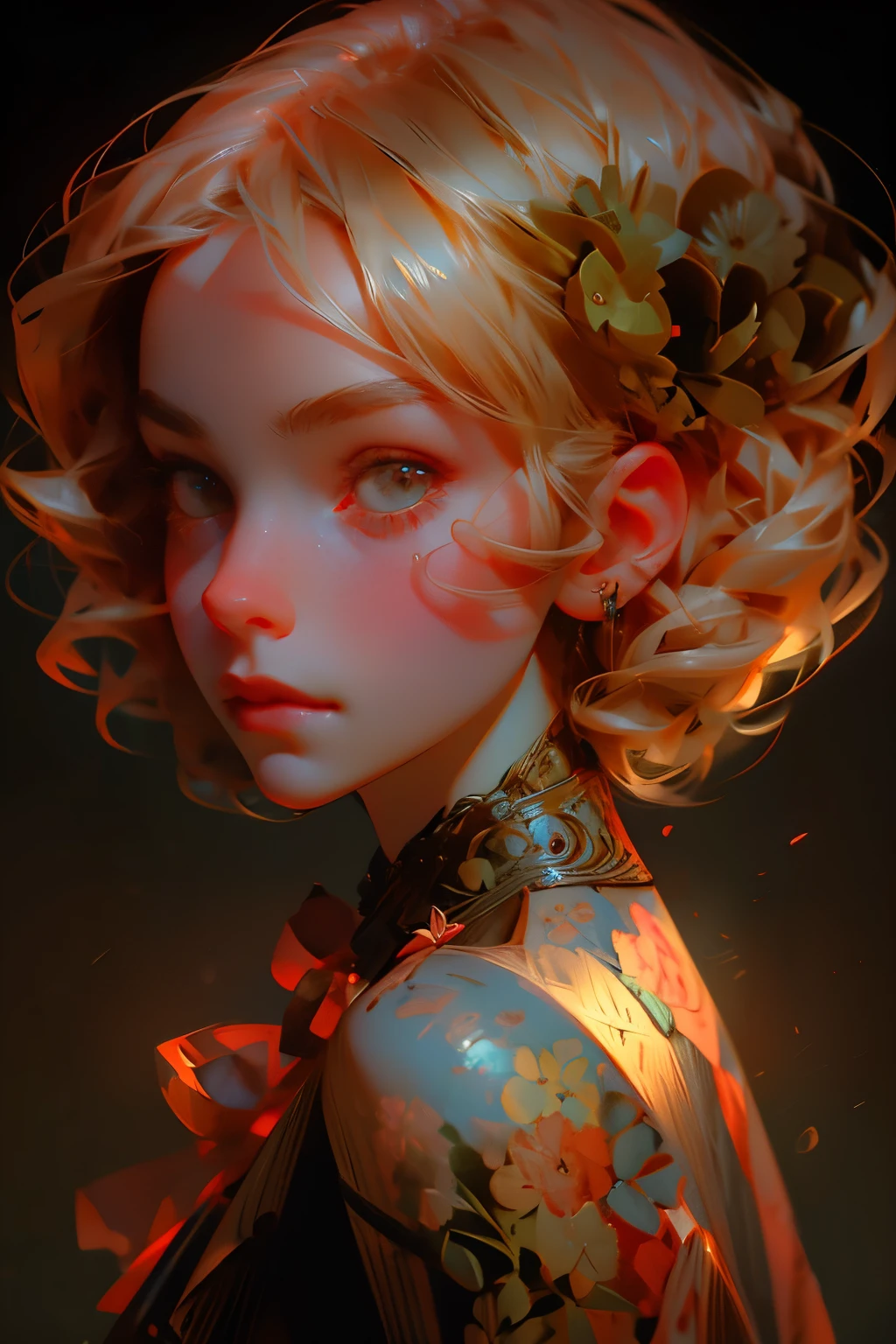 Charlie Bowater realistic Lithography sketch portrait of a woman, flowers, [gears], pipes, dieselpunk, multi-colored ribbons, old  texture, highly detailed