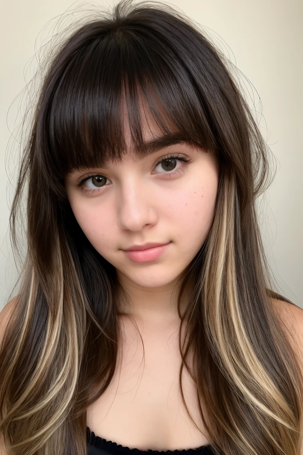 fifteen year old, black haired girl, blonde streaks on her bangs