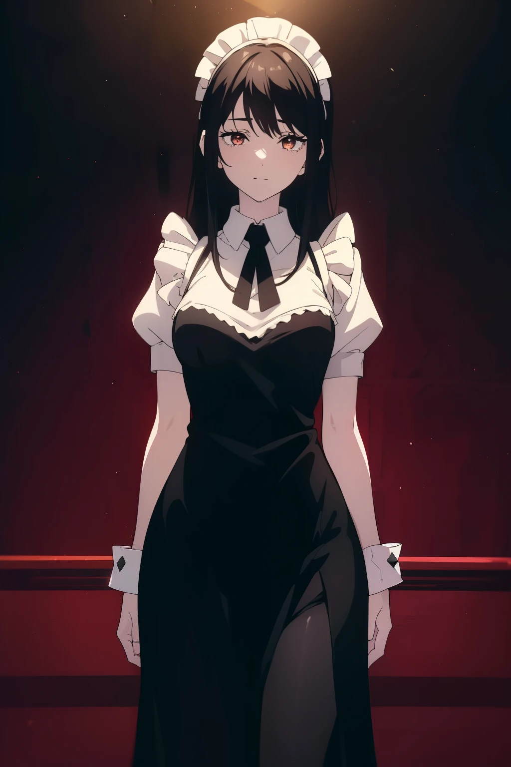 ((((Obra maestra, La mejor calidad, ultrahigh resolution)))), 1girl, standing, ((cute maid costume, blushing, shining)), ((long black hair, black hair over eye)), long hair cut, pale skin, ((brown eyes)), glowing_eyes, neon eyes, (ultra detailed eyes:0.7, beautiful and detailed face, detailed eyes:0.9), ((centered)), smile, ((wide shot)), facing viewer, ((vibrant background, bright lighting, mansion interior)), busty, looking at viewer, ((half closed eyes)), ((perfect hands)), (((head:1, arms, hips in view, elbows, arms, legs, in view))), ((hands behind back)), beautiful lighting, ((outside, outdoors)), defined subject, (head tilt), ((beautiful)), ((SFW)), ((cute)), (18 years old)