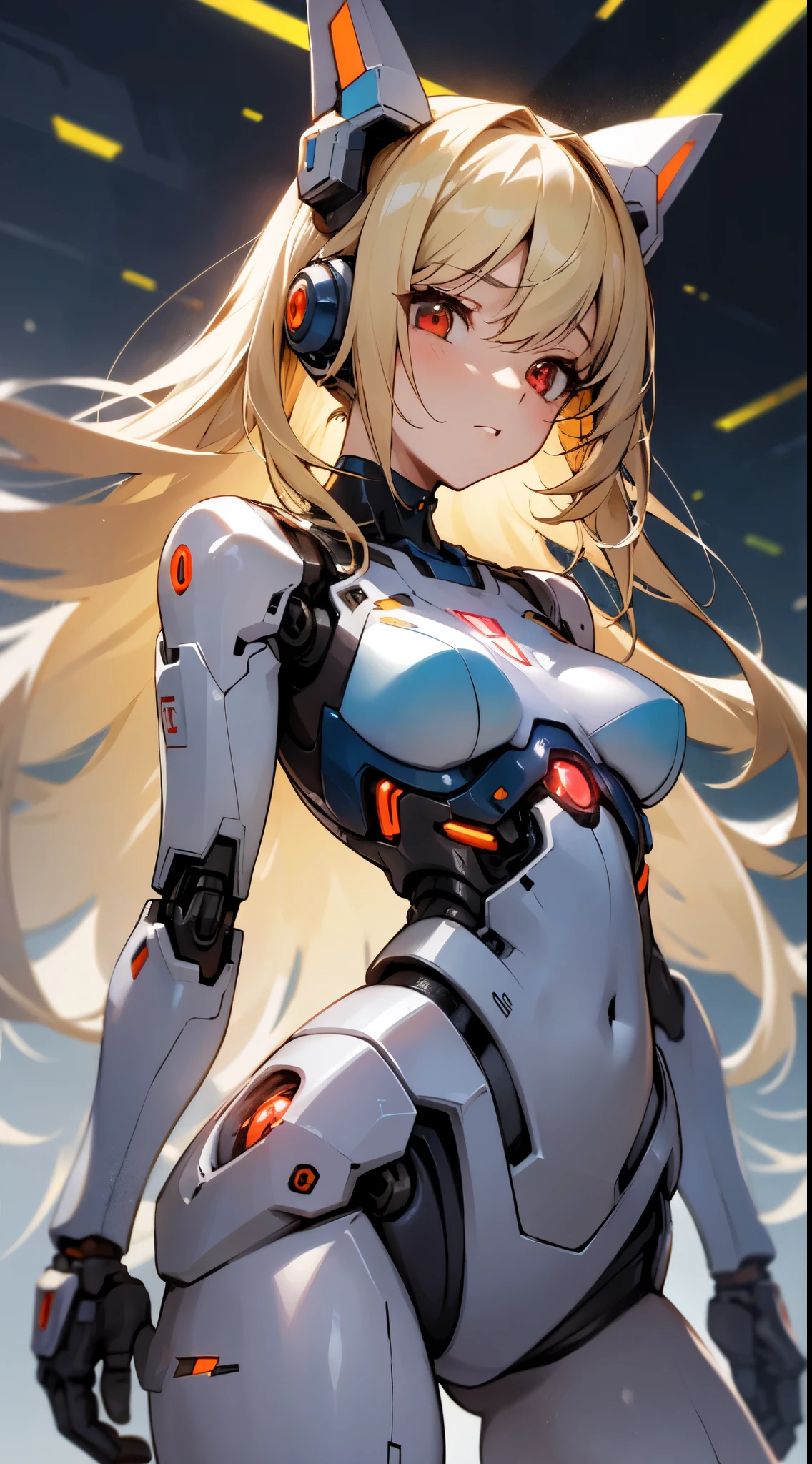 an extremely delicate,
beautiful girl,
break,
8k,
best quality,
masterpiece,
ultra hires,
ultra detailed girl,
super fine illustration,
break,
active pose,
rim lighting,
Cinematic Lighting,
indoors,
shiny,
break,
1girl,
solo,
(cyborg girl:1.3),
college age,
perfect female body,
long hair,
big hair,
air bangs,
long bangs between eyes,
fluffy hair,
(shiny blonde hair),
boyish face,
(red eyes),
(glowing cyborg eyes:1.2),
bare thighs,
bare shoulders,
doll joints,
small breasts,
break,
white body,
pale blue energy core,
cat ear headgear,