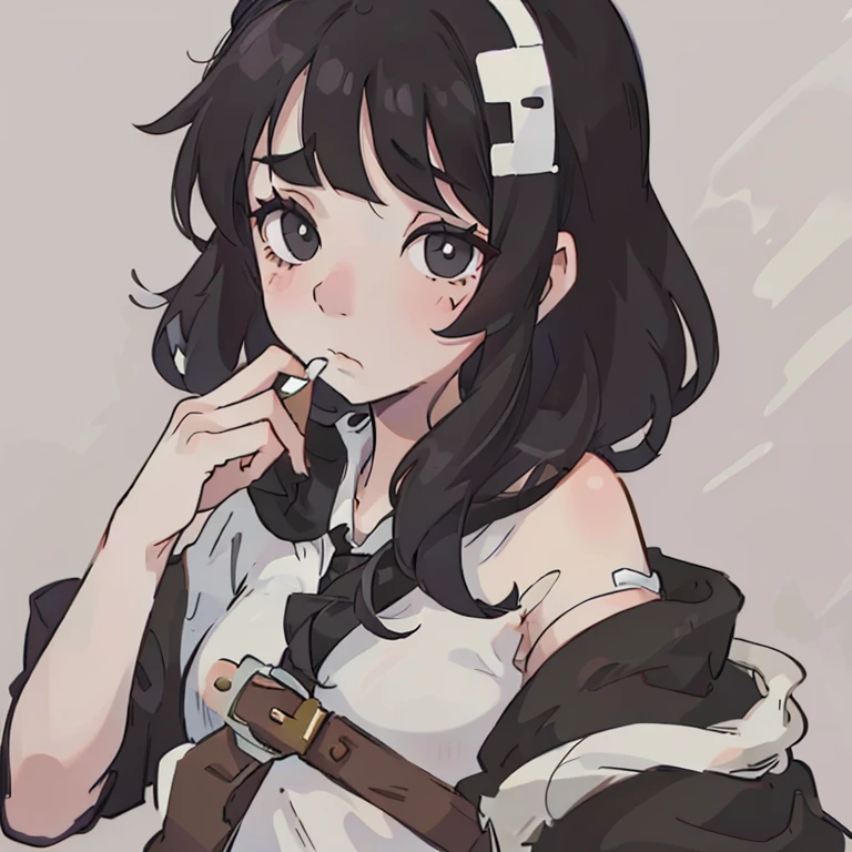 Girl with bandaids over her mouth. Sad girl. Pale skin and black straight hair