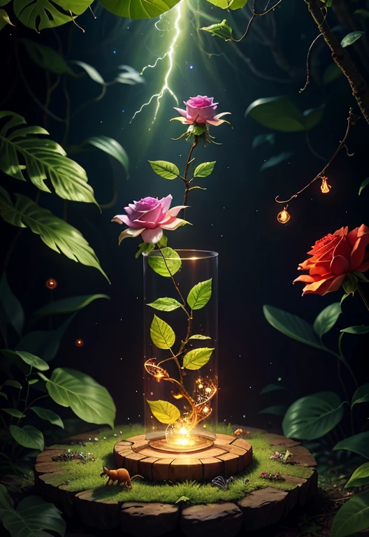 Fantasy in a glass, "Ethereal roses, cute animal, Bright small mushrooms are surrounded by delicate leaves and branches, as well as fireflies and glowing particle effects", (nature elements), (jungle theme), (fronds), (Ramos), (glowworm), butterflys, (delicate leaves), (shine), (particle fx), Super realistic, ultra-detailliert, Dramatic lightning, 4K, Master parts,