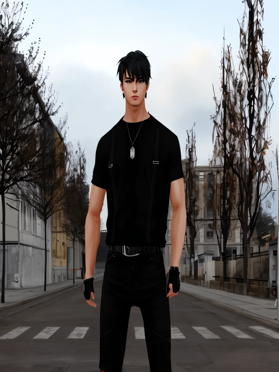 there is a man standing in the middle of a street, second life avatar, standing in the street, inspired by Aleksander Gine, inspired by Gang Se-hwang, standing in a city street, he is wearing a black t-shirt, in city street, standing in the streets, standing in street, standing in a city center, imvu, handsome face, detailed thick eyesbrow, detailed black eyes, detailed background,