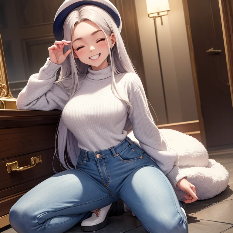 (4K,8K,ultra-detailliert, Beautiful and aesthetic, masutepiece, Best Quality)silber hair,center part long hair,well-muscled,(((smiling and closing his eyes))),sharp eye,raised mouth,The whole body is reflected,1girl in,cool expression,No background,Vertical sweater,White teeth,Denim trousers,Casket hat,fashion modell,耳环,underground room,((showing the front)),Kneeling next to a bloody corpse