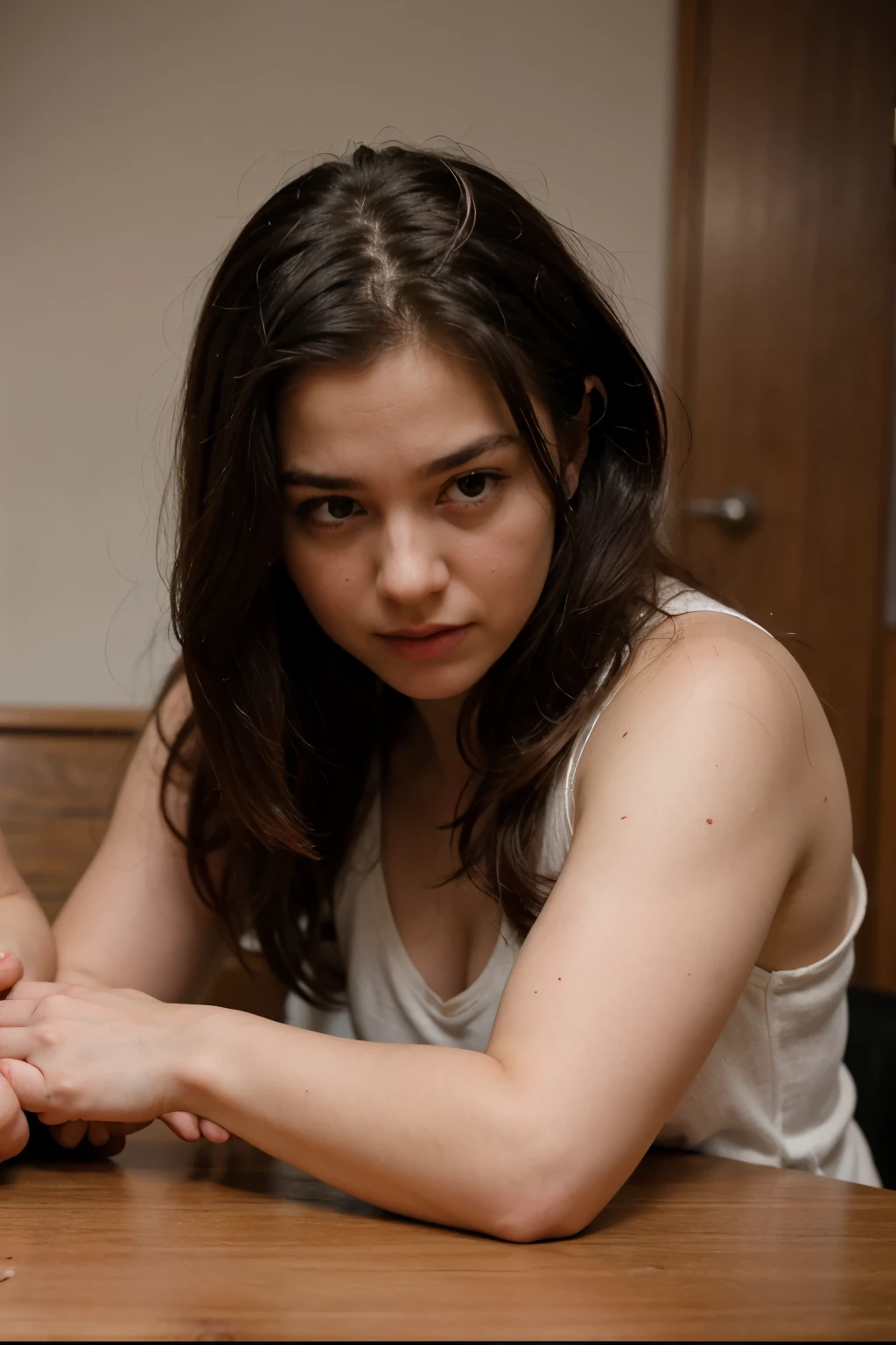 Angry Strong man arm wrestling a small shy little girl who is scared