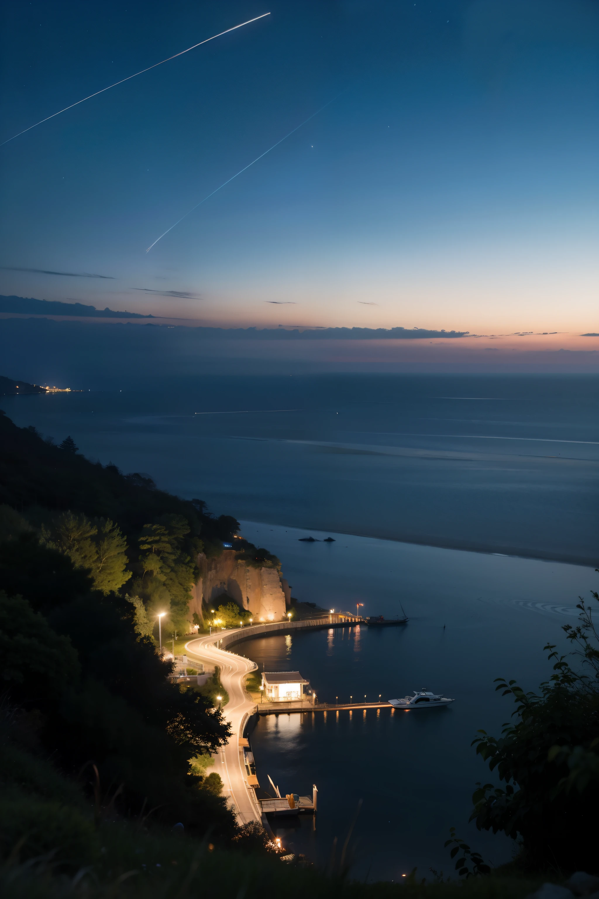 hyper realisitc, high detal, , ray traycing, angle of view, overlooks
, hyper HD, tmasterpiece, Natural scenery of the dark night and deserted sea in the evening