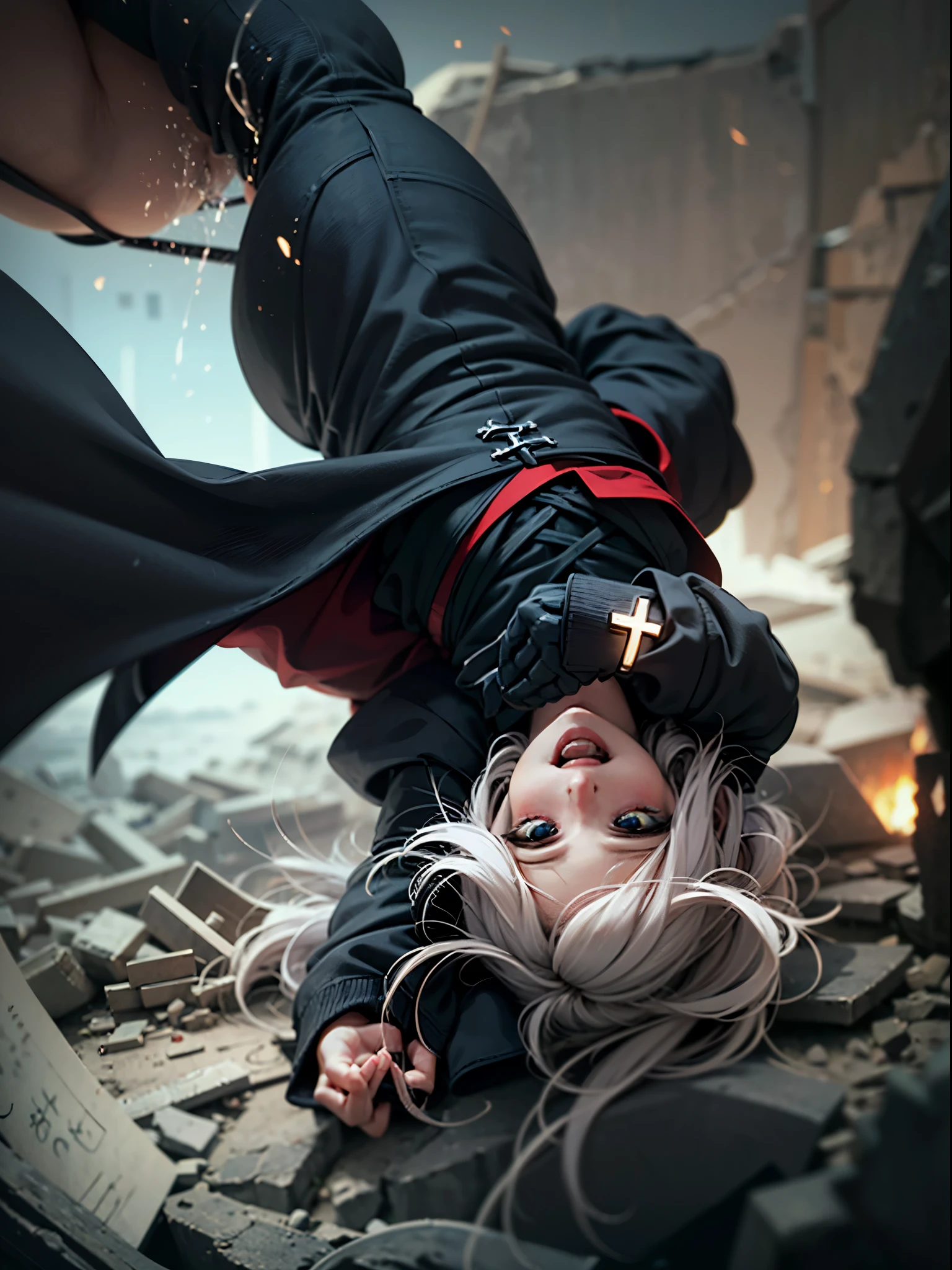 priest wearing demonic long coat holding cross upside down at one hand and holding bible at the other hand facing the evil and doing exorcist --auto --s2