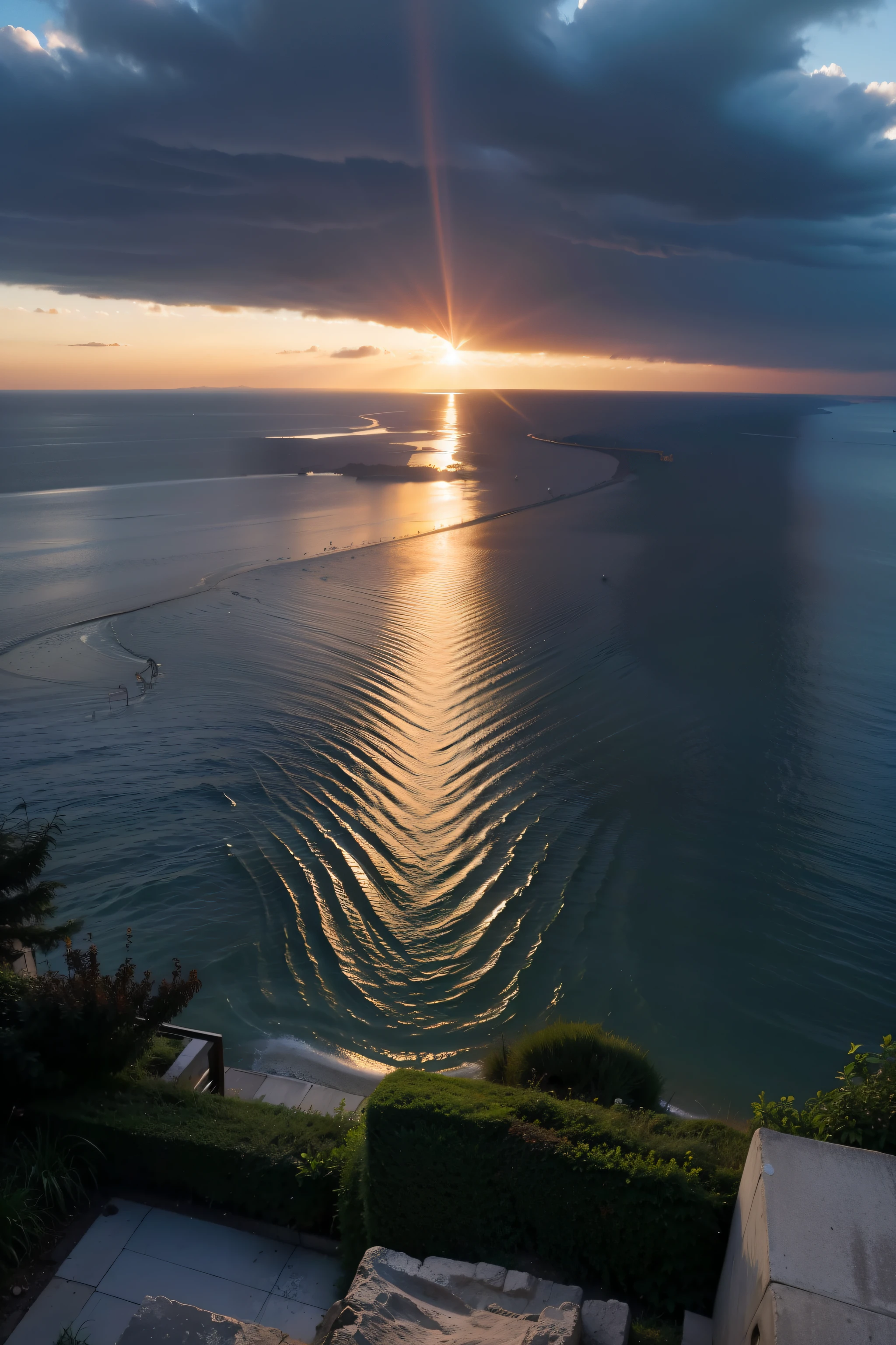 hyper realisitc, high detal, , ray traycing, angle of view, overlooks
, hyper HD, tmasterpiece,  Natural scenery of the dark night and deserted sea in the evening