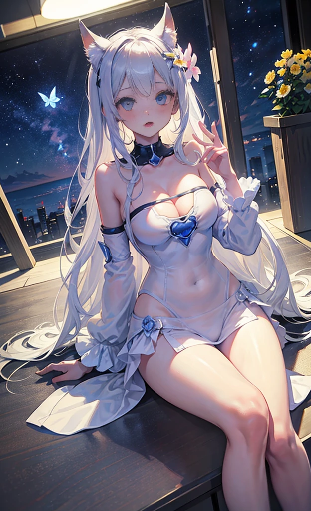 the hair,Nice face,blue bikini armor,Heterochromatic pupil,fully body photo,half moon,under moonlight,(tmasterpiece:1.1),(Best quality:1.1),(HighDynamicRange:1),ambient light,Super quality,( Super detailed original image),(1 Sister, whole body part),((harajuku fashion)),((flower with human eyes, flower eyes)),double contact,A fusion of fluid abstract art,An error occurred,(Original illustration composition),(Limited color mixing, Minimalist art style, butterflys, artistically),