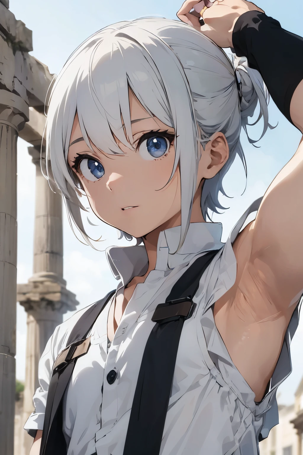 ((best quality)), ((master part)), (circunstanciado), rosto perfeito, anime, masculino, cabelo branco, olhos azuis, Ancient Greece Clothing