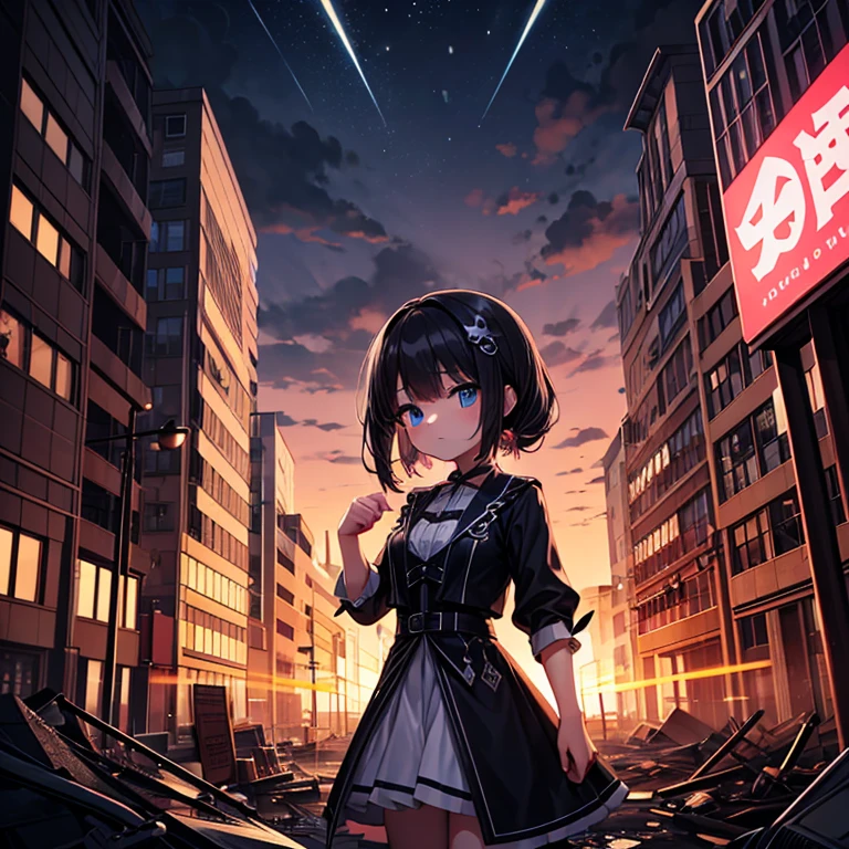 cowboy shot, A girl fighting against the backdrop of a devastated city.。The darkness of the night is impressive、The girl is also in the shadow。The girl&#39;s ornaments sparkle、creating a beautiful contrast。
