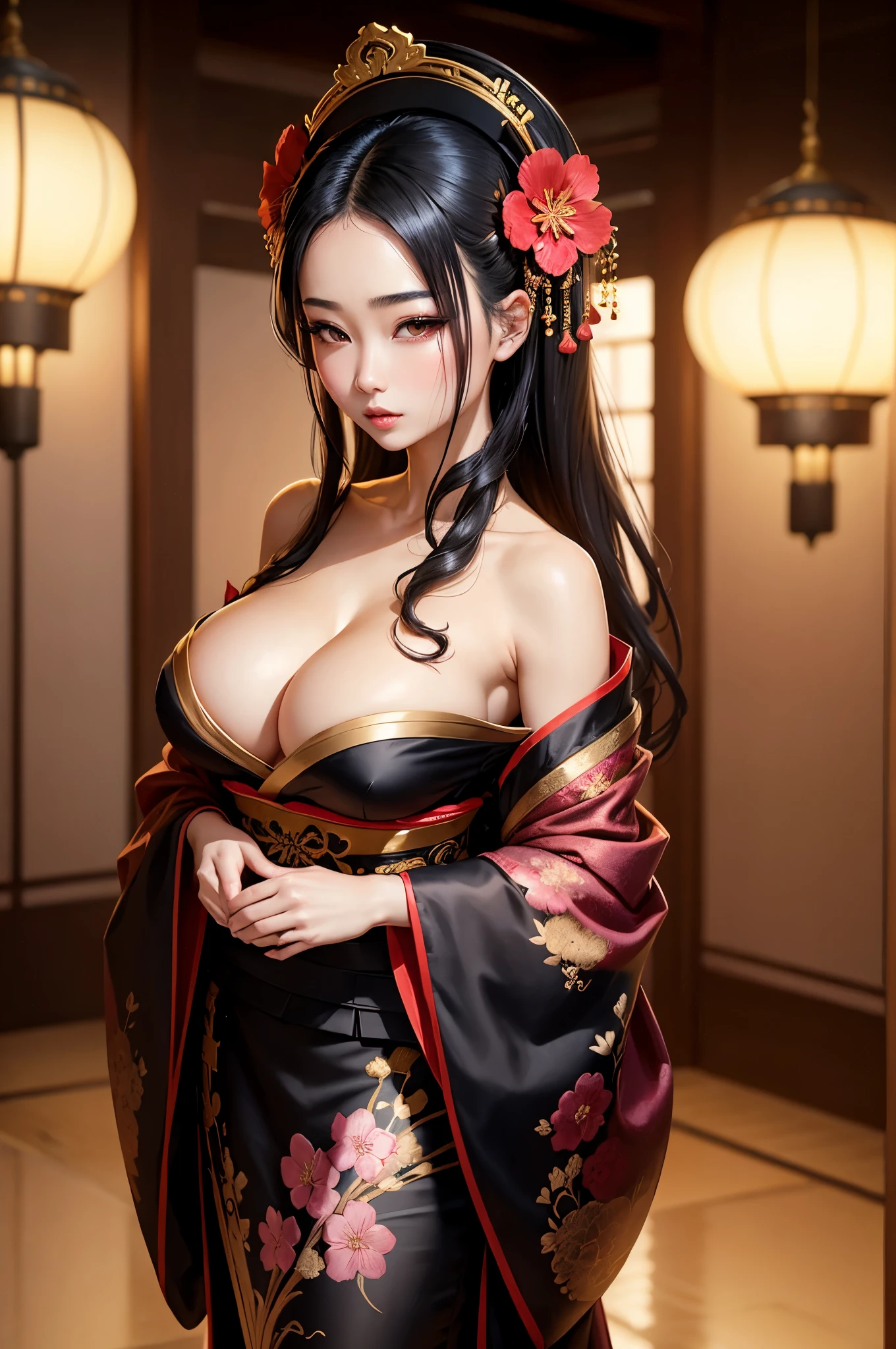 gorgeous oriental woman, silky black hair in an elaborate hairstyle, elegant embroidered kimono, sakura flower embroidery, gold details, full body shot, cleavage, bare shoulders, standing, large breasts,