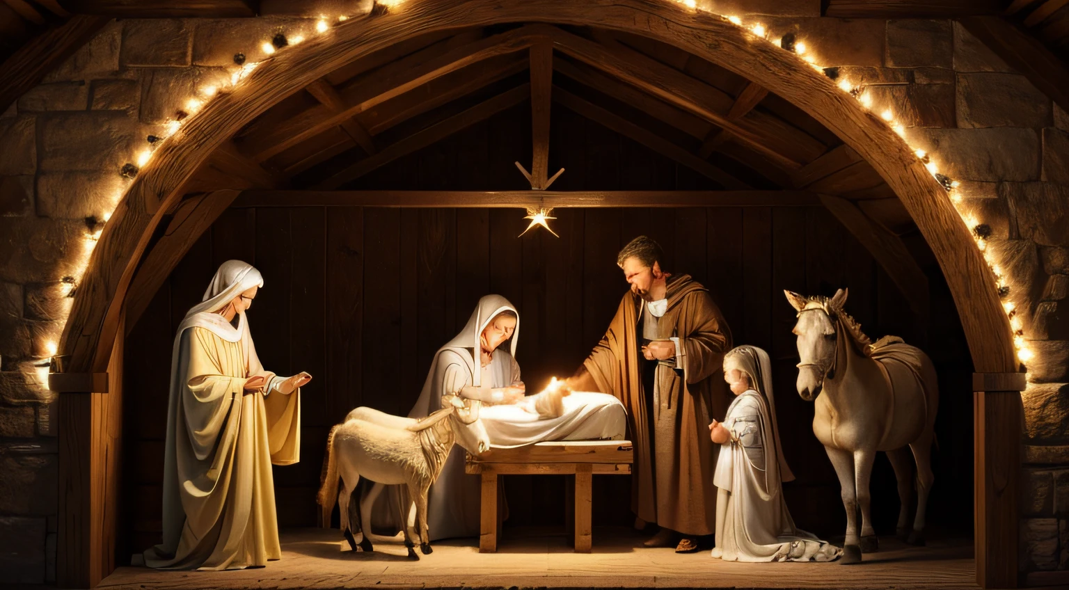 (high quality, realistic:1.37), nativity scene, Mary, Joseph, baby Jesus, manger, stable, star of Bethlehem, shepherds, angels, wise men, donkey, sheep, hay, holy family, peaceful, sacred, gentle lighting, religious art, traditional, soft colors, magical ambiance