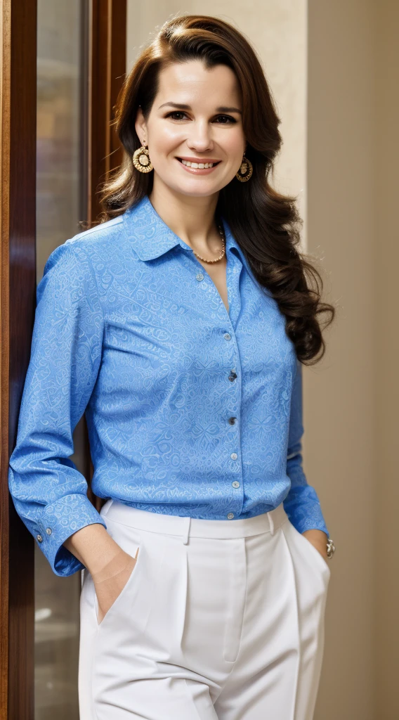 smiling woman with brown hair and earrings on a city street, wearing a patterned blouse and white slacks, middle aged, slightly aged skin, chubby, mother, housewife, aged face, this person does not exist, irene jacob-carla gugino-kate mulgrew-patsy cline-elodie yung-cherry jones merged, entire body visible, full body, hyperrealistic, real human skin, best quality, 8K, masterpiece, extremely intricate, detailed eyes, detailed face, detailed body, exaggerated features, pronounced features, fujifilm