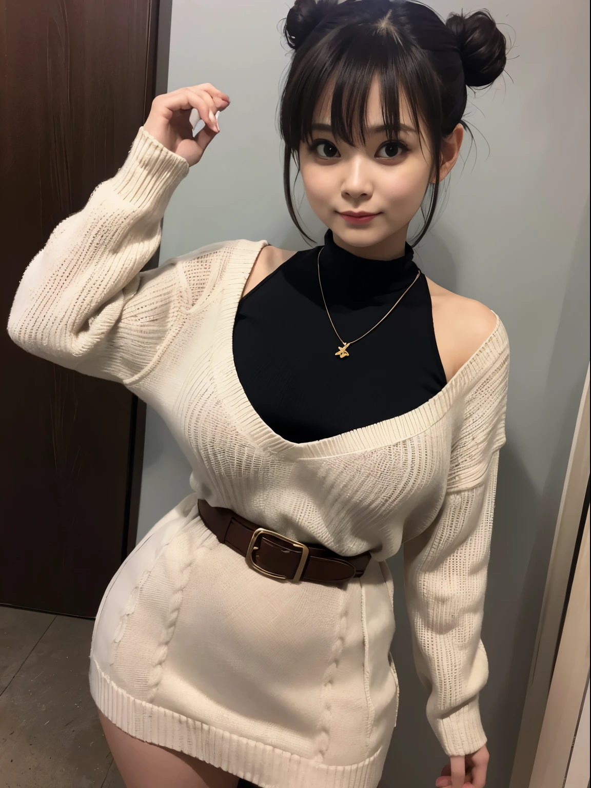 ((An ultra-high picture quality:1.2,ultra-quality:1.2,Photoreality:1.2,超A high resolution,Ultra-fine,独奏,No medical defects,Not medically excessive)),(Perfectly balanced body),Looking at the camera,Smile,blush,(Double bun),(light brown hair),(Very long hair),(V-neck sweater),Miniskater skirt,check,Hairpin,Hair Ribbon,kneehigh boots,Cowboy Shot,hand on the breasts