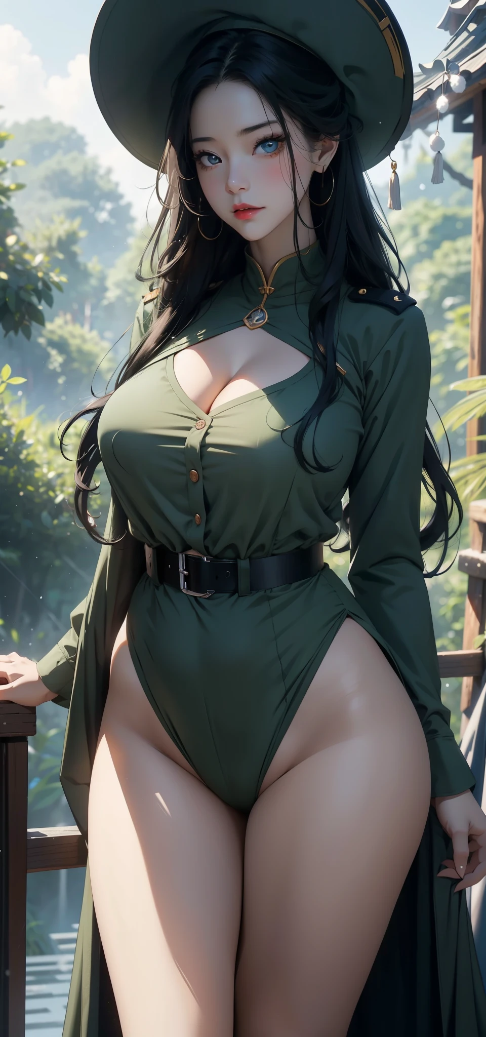 1female,45 yers old,Married woman,legs long, a slender waist, photo exposure, 独奏,(Background with:at a forest,the rainforest,Ground area water) She has long black hair,Stand deep in the forest,View from the street, curlies, sky with many clouds,(((tmasterpiece),(Very detailed CG unified 8k wallpaper),Best quality,电影灯光,detailed back ground,beautiful pupil,(very delicate beautiful),(Beautiful and detailed eyes description),ultra - detailed,tmasterpiece,))Redlip,Snow-white skin,a little bit chubby,pubic hair very large,facing at the camera,A high resolution,ultra - detailed),Revealed,Very huge,, convex,Camel toes,The cleavage protrudeilitary officer(dressed in:,military hat,Green shirt,badgeace the audience,