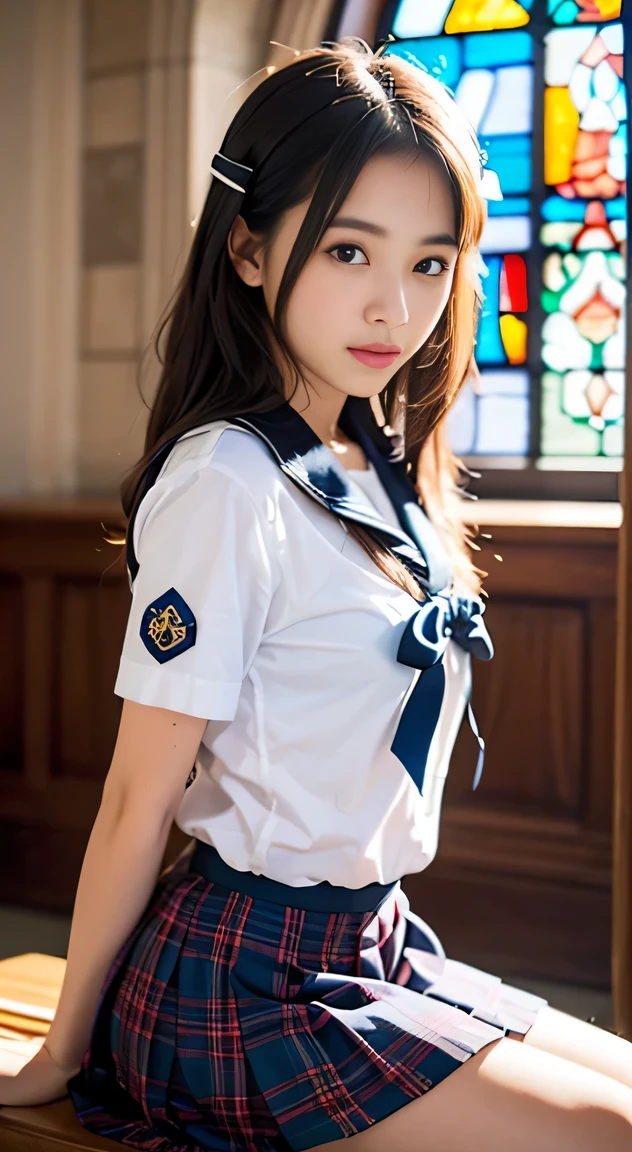 (((Draw only one woman: 2))), Beautiful 18 year old Japan woman, (A high school girl wearing a sailor uniform with short sleeves and a ribbon: 1.5), (Japan strict girls' school sailor uniform), ( High school girl sitting on a pew in church: 1.2), (Beautiful and elaborate stained glass on the background: 1.5), ((1screen)), 8K, RAW shot, top quality photo, masutepiece, Amazing realism photos, (lighting like a movie:1.5), Cute woman like an idol in Japan, Detailed face, Detailed eyes, Narrow Nose, Detailed skin, (Beautiful long hair: 1.5), {{facial close-up:1.8}}, ssmile