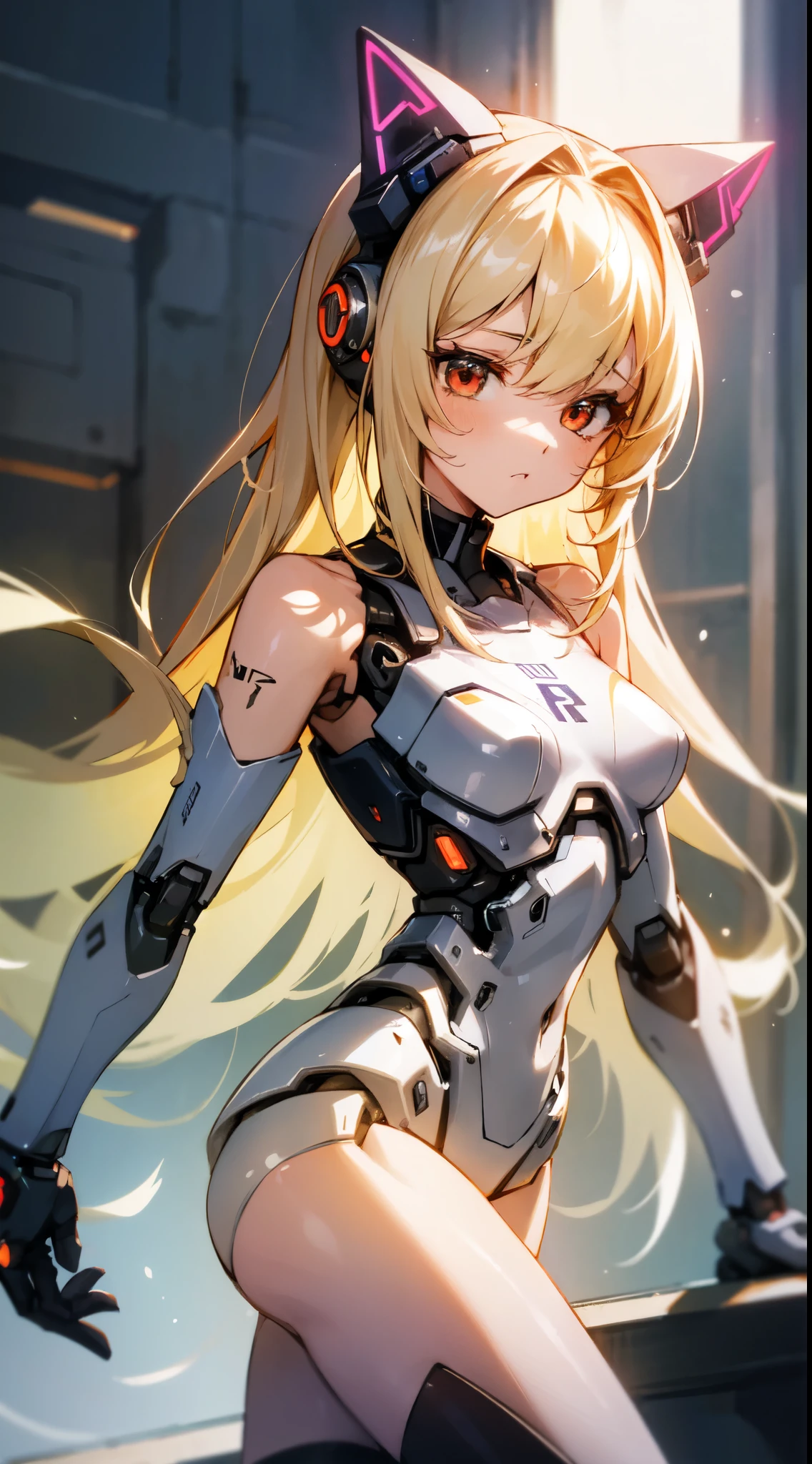an extremely delicate,
beautiful girl,
break,
8k,
best quality,
masterpiece,
ultra hires,
ultra detailed girl,
super fine illustration,
break,
active pose,
rim lighting,
Cinematic Lighting,
indoors,
shiny,
break,
1girl,
solo,
(cyborg girl:1.3),
college age,
perfect female body,
long hair,
big hair,
air bangs,
long bangs between eyes,
fluffy hair,
(shiny blonde hair),
boyish face,
(red eyes),
(glowing cyborg eyes:1.2),
(bare thighs:1.2),
(bare shoulders:1.2),
doll joints,
small breasts,
break,
white body,
thigh high socks,
pale blue power lamp,
cat ear headgear,