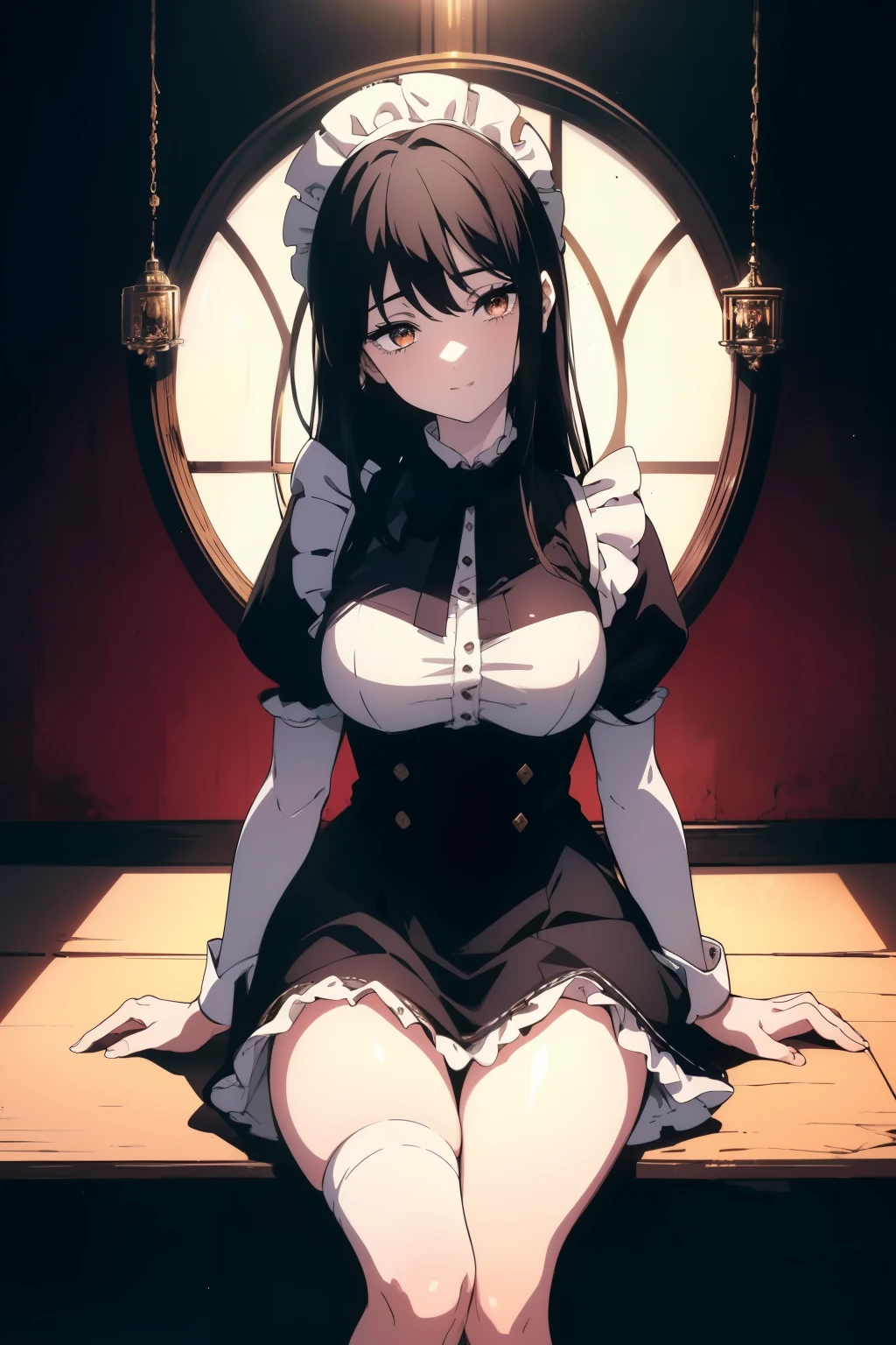 ((((Obra maestra, La mejor calidad, ultrahigh resolution)))), 1girl, standing, ((cute maid costume, blushing:1, shining)), garter belt:0.7, ((long black hair, black hair over eye)), long hair cut, pale skin, ((brown eyes)), glowing_eyes, neon eyes, (ultra detailed eyes:0.7, beautiful and detailed face, detailed eyes:0.9), ((centered)), smile, ((wide shot)), facing viewer, ((vibrant background, bright lighting, mansion interior)), (busty), looking at viewer, ((half closed eyes)), ((perfect hands)), (((head:1, arms, hips in view, elbows, arms, legs, in view))), ((hands behind back)), beautiful lighting, ((outside, outdoors)), defined subject, (head tilt), ((beautiful)), (25 years old)