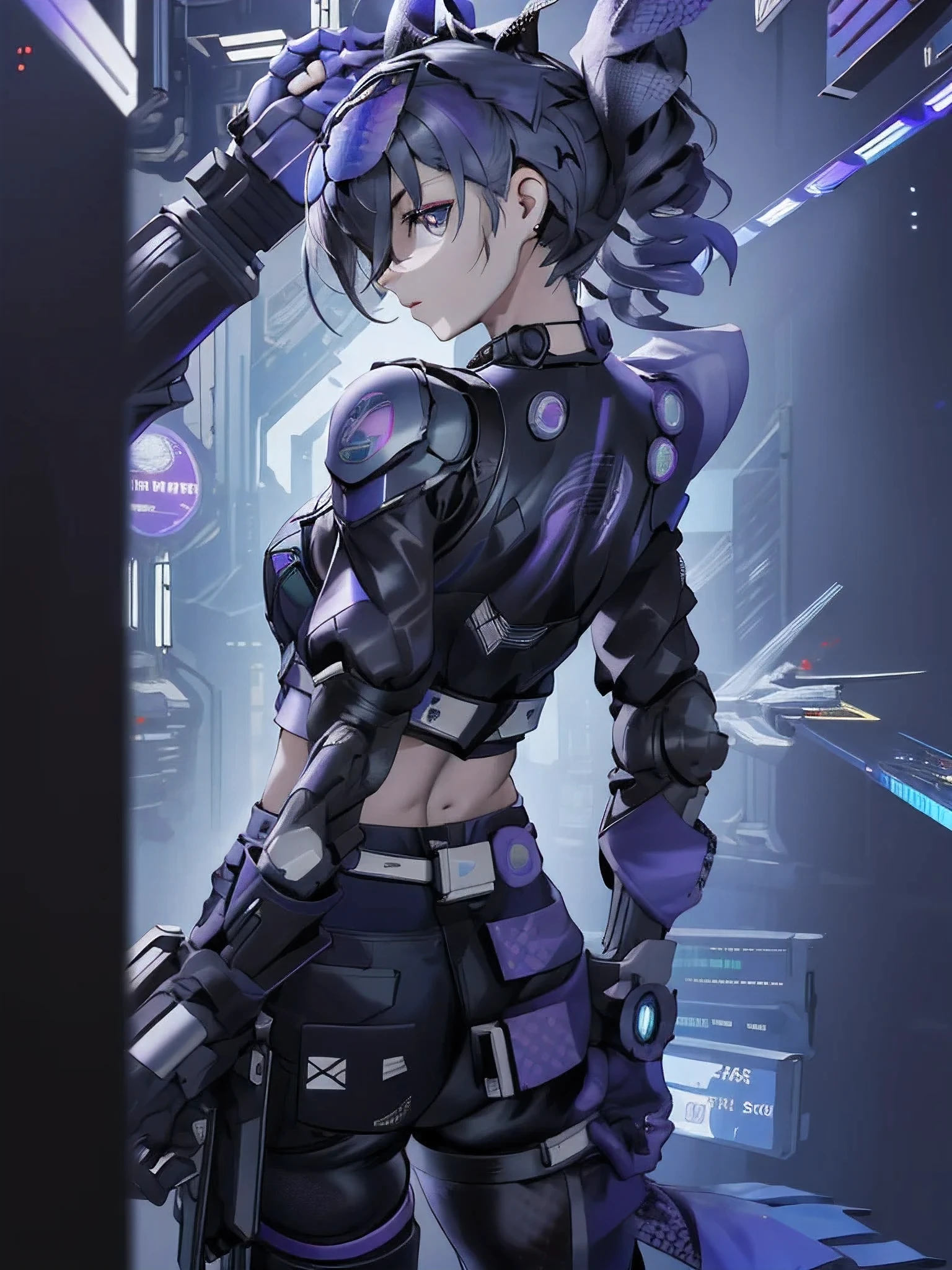 1girl, medium plane, intricate details, (cyberpunk), (from behind), mechanical arms, (shiny neon armor), machines, black and dark background, a gun in her hand, (lasers), ultra realistic, ultra detailed, 8k, high resolution, looking cool and beautiful, looking badass