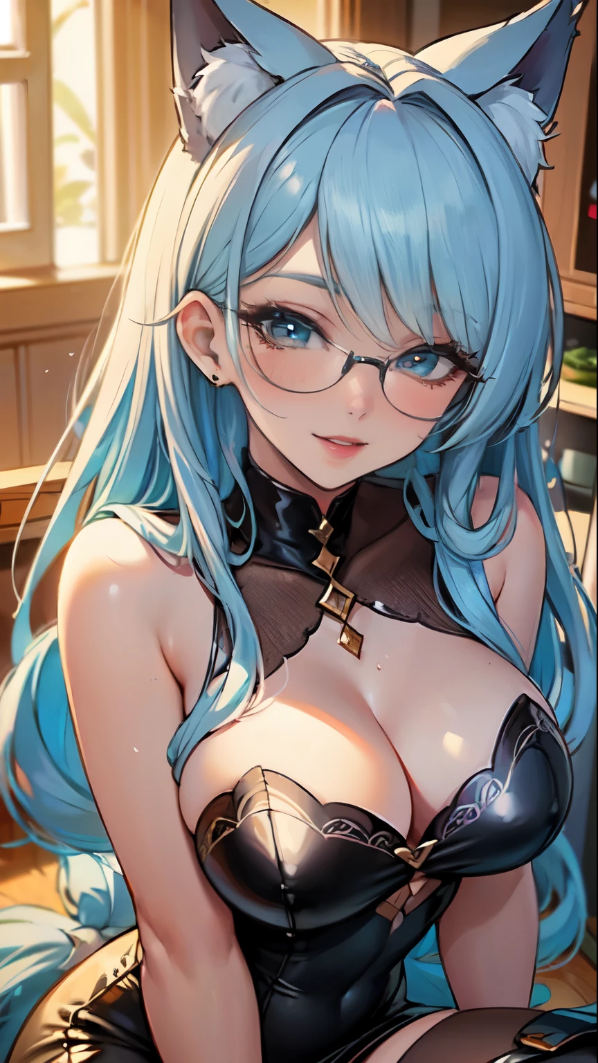 Masterpiece, beautiful art, professional artist, 8k, art style by sciamano240, very detailed face, detailed hair, detailed clothes, detailed fabric, 1girl, perfectly drawn body, beautiful face, long hair, light blue hair , very detailed blue cat eyes, big smile, wearing trendy summer clothes, black thigh boots, black pencil skirt, glasses, rosey cheeks, coffee shop setting, model headshot , zoom in face, show details in eyes, upclose view, looking at viewer,