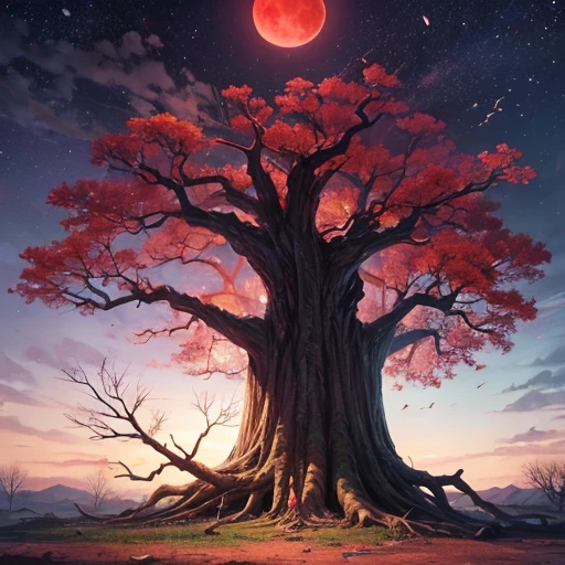 big dead tree flowering at the end of sinju tree on dry land sky outer space big red moon lots of fallen branches lots of big roots