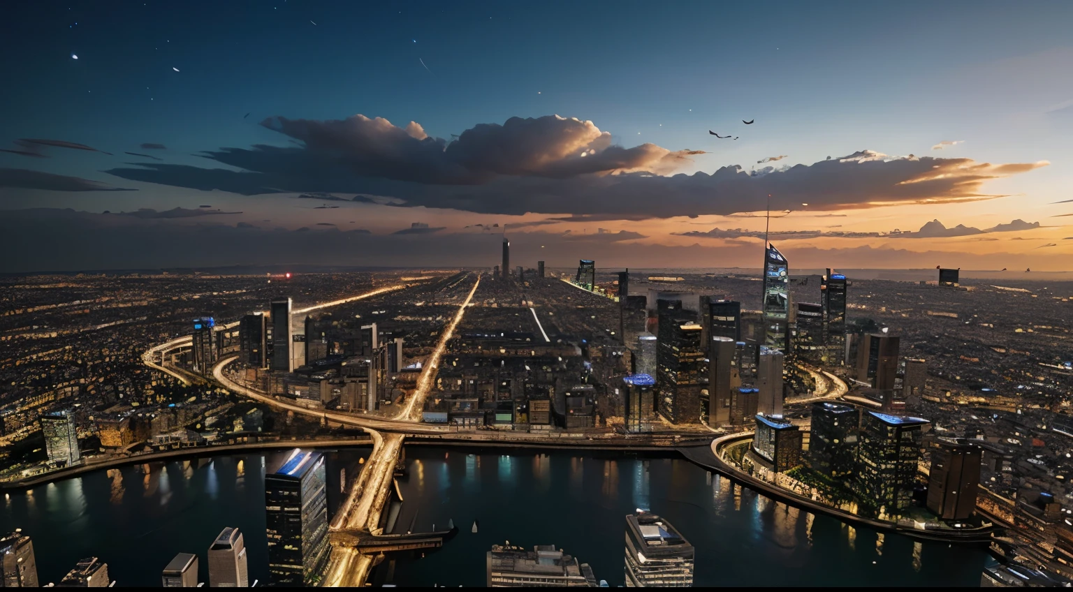 photo of a city from the year 2080, vista panoramica hd, fotorealista, futurista