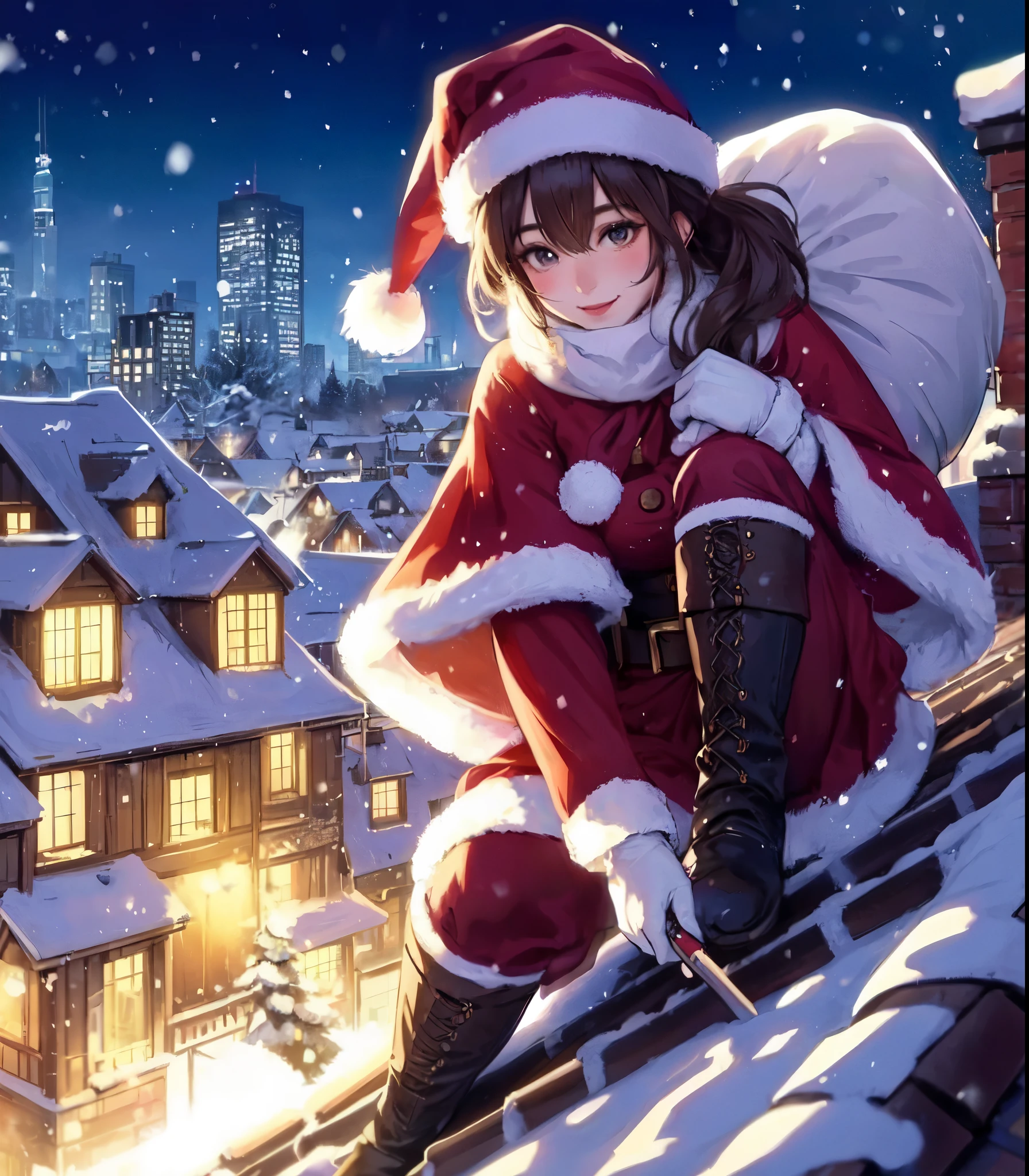 1lady solo, (standing on roof of house), (stylish outfit) (Santa Claus costume:1.2), mature female, /(dark brown hair/) bangs, blush light smile, (masterpiece best quality:1.2) delicate illustration ultra-detailed, large breasts BREAK (holding a large white bag) BREAK (roof of brick house) (large chimney:1.2) outdoors, snowing, winter