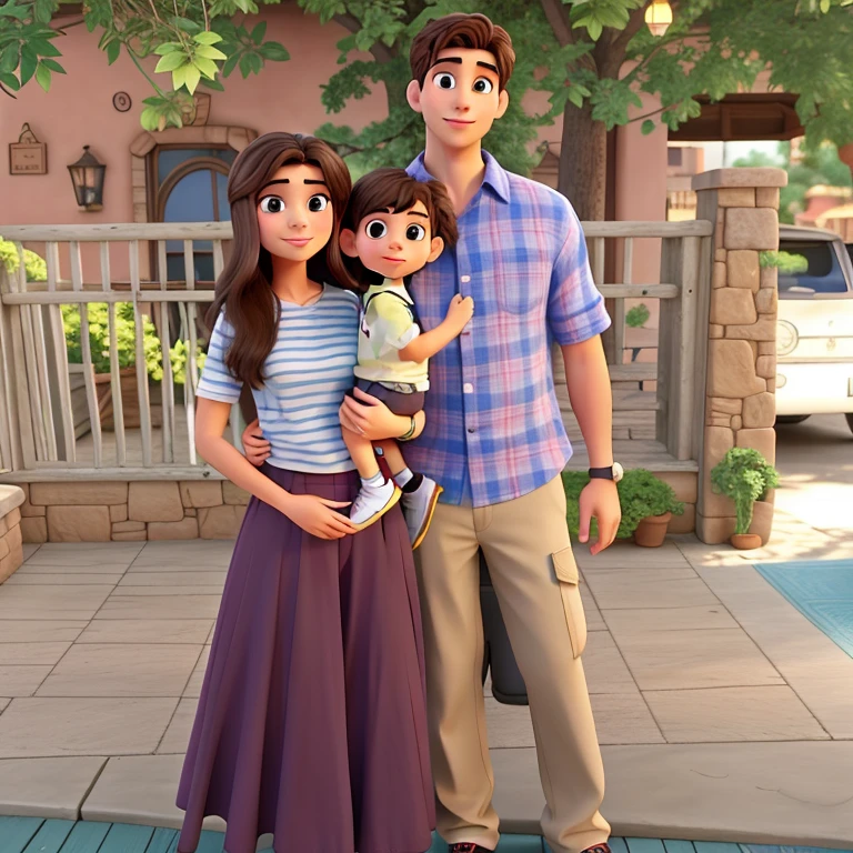 Um casal com um menino no colo, Disney Pixar-style brunette family, alta qualidade, melhor qualidade