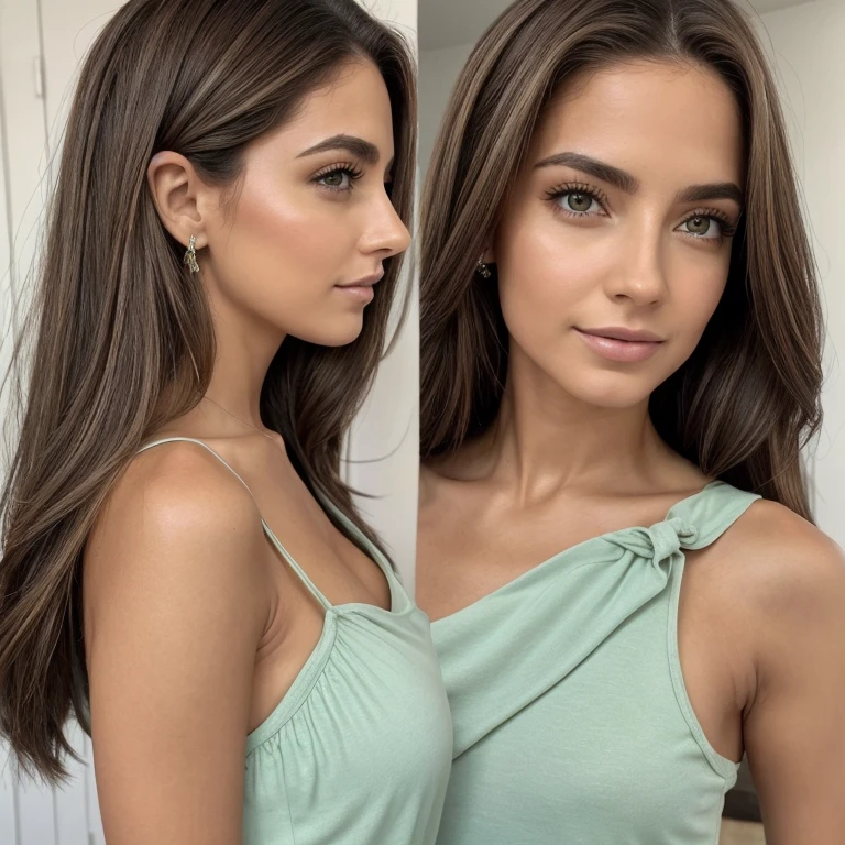 cuerpo completo, Mujeres europeas, delgado, Altura 173 cm.., Cara exquisita, de piel clara, melenudo, Beautiful shoulder length brown hair., ojos verdes.. , hermosos patrones, Highly detailed images, poros visibles, vestida con ropa casual