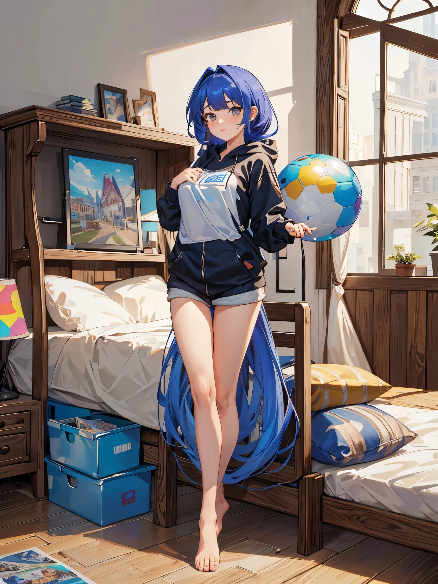 1个Giant Breast Girl, wearing a hoody, Micro shorts, The barefoot, Indoors, Bedrooms, fanciful, magicle world, (tmasterpiece, Best quality at best, employment, high qulity, by professional artists, ultra - detailed, The is very detailed, absurd res, Incredible resolution:1.2)