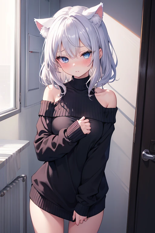best quality, ultra precision, 1girl, cute, little girl, young, boyish, childish, small breasts, silver hair, cat ears, blue eyes, beautiful eyes, girl, ecstasy, sailor collar, estrus, metestrus, start to undress, naughty mood, she loves you, lost virgin, virgin, blush, beautiful skin, big bow on chest I'm not wearing panties BLUE SWEATER, BLACK SHIRT, SHIRT UNDER SWEATER, OFF SHOULDER TOP) Tsundere leaning against the wall