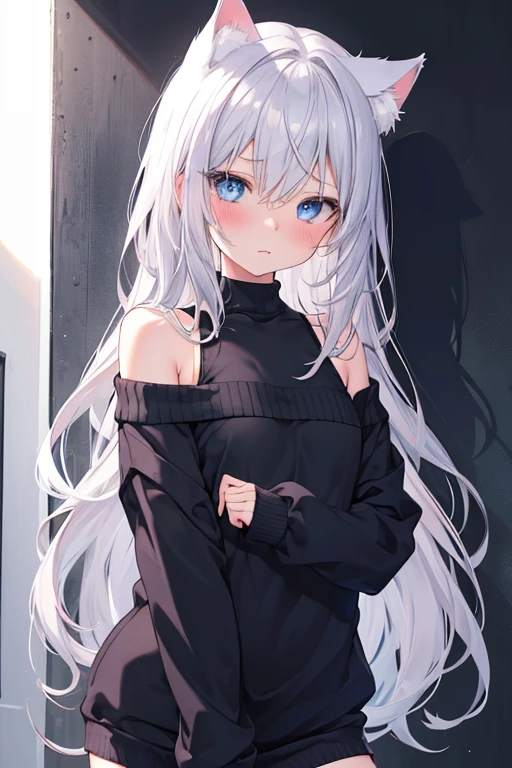best quality, ultra precision, 1girl, cute, little girl, young, boyish, childish, small breasts, silver hair, cat ears, blue eyes, beautiful eyes, girl, ecstasy, sailor collar, estrus, metestrus, start to undress, naughty mood, she loves you, lost virgin, virgin, blush, beautiful skin, big bow on chest I'm not wearing panties BLUE SWEATER, BLACK SHIRT, SHIRT UNDER SWEATER, OFF SHOULDER TOP) Tsundere leaning against the wall