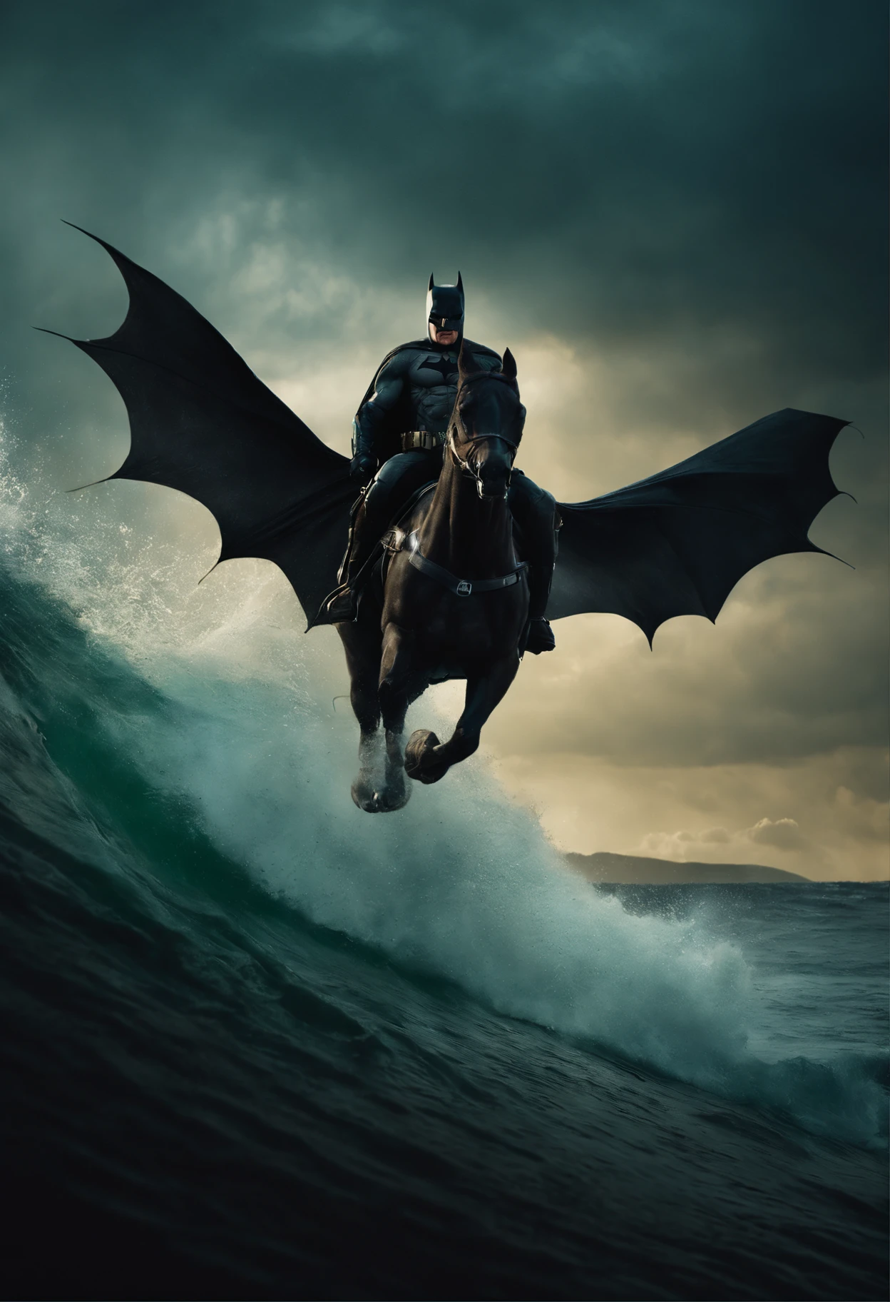 Batman riding a horse on the waves running from Aliens, high quality, high detail, 8k, green master shooting at him , aliens and monsters everywhere, look cool, neon lights, a lot of monsters fighting him, green aliens,