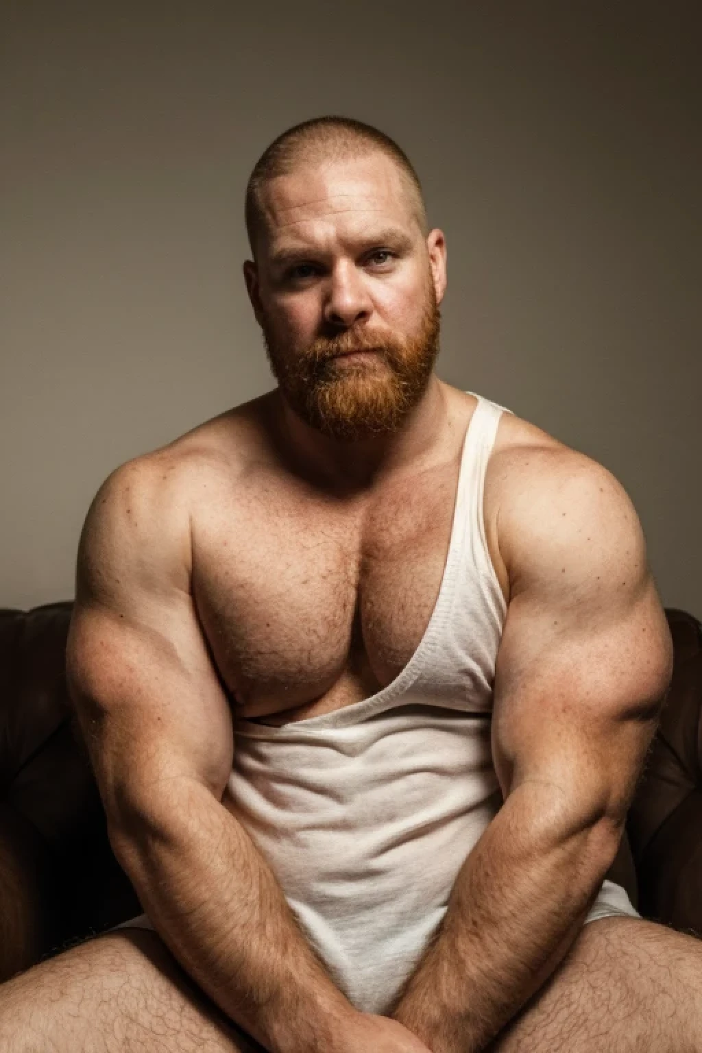 Paloroid image, old distroted, thirstrap, seductive, proud, revealing, Hot hunky uncle, skinhead, bearded, ginger, handsome, beefy, unaware, looking away, ((natural, lifelike)), hairy, macho, ugly, wearing a white tank top:1.4, sitting on a couch, at home, instant cundhot on the tanktop,