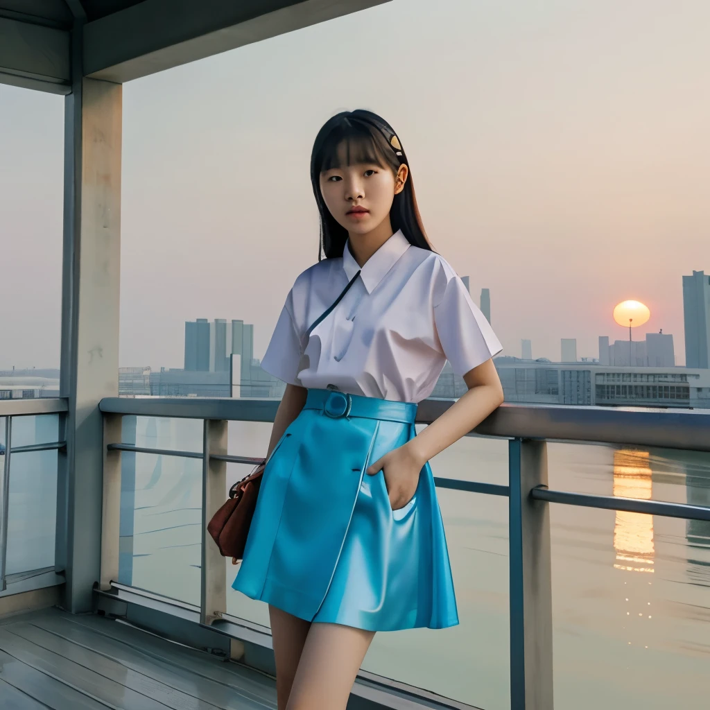 1 korean girl, dressed in Y2K style, Posing on a bridge as the sun was setting