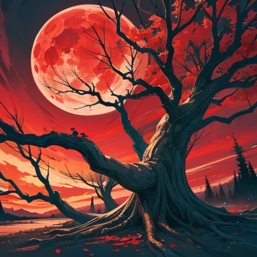 big dead tree tip of sinju tree on dry land sky outer space big red moon lots of fallen branches lots of big roots night atmosphere