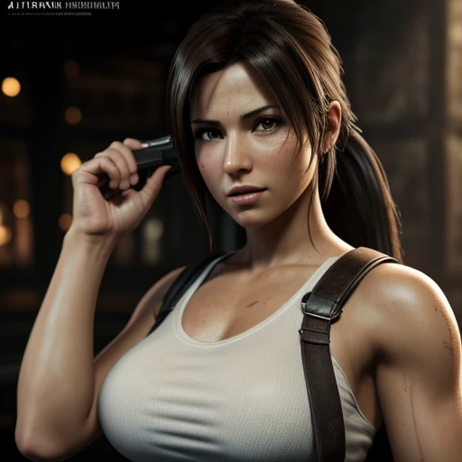 Create the image of a female character of Brazilian origin from Resident Evil 4 remake who has long dark brown curly hair and dark brown eyes and brown skin with a tattoo on her arms and a scar on her left eyebrow Wearing a brown tank top with gloves and black jeans with gun belts