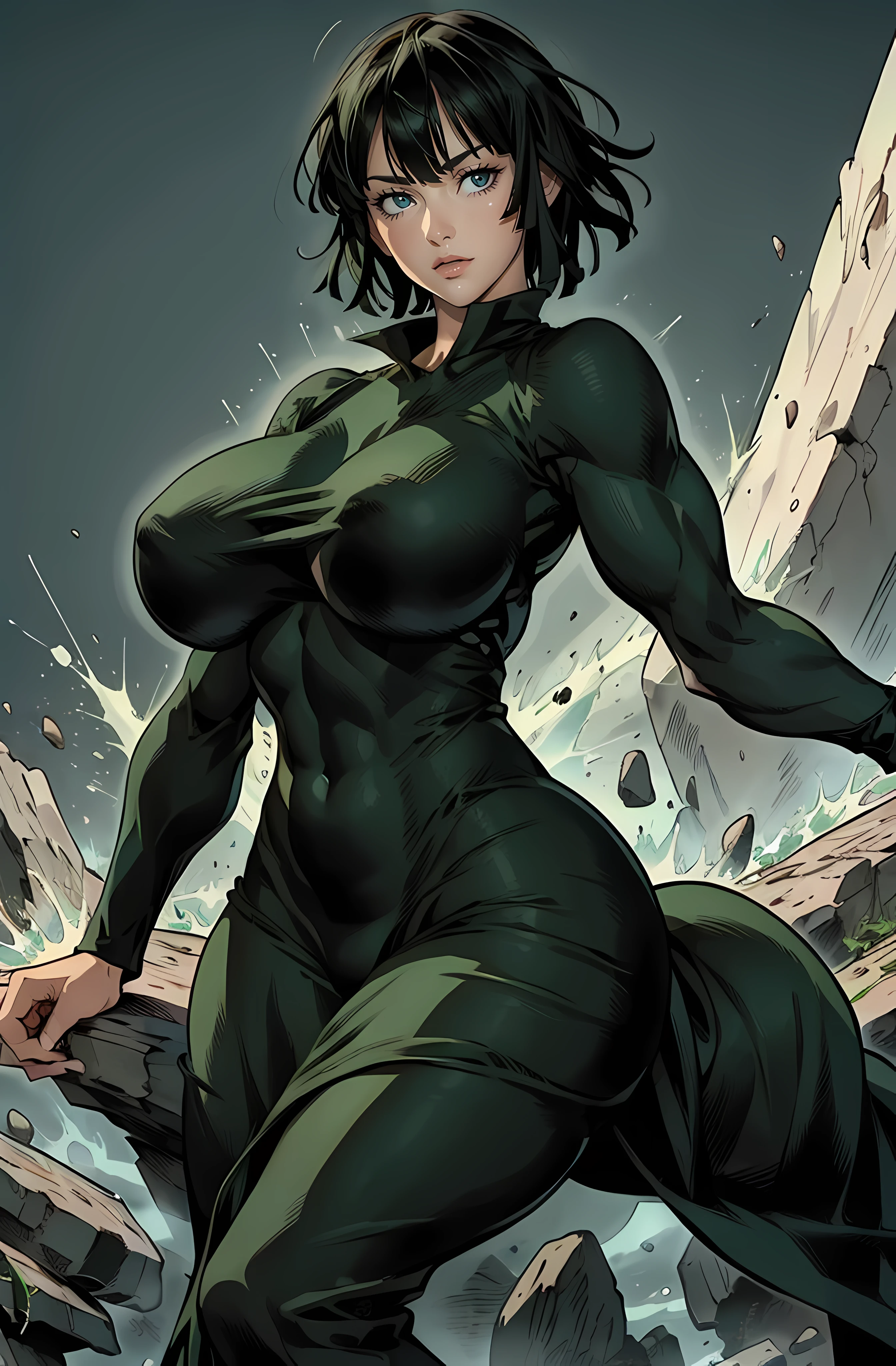 (master piece), high resolution, yusuke murata style,one punch man, fubuki from one punch man, wearing a black green dress, joyful expression, dynamic pose, big breast, big hips, full body view, big body, thick, (Curvy:1.35), ((Master piece)), best quality, perfect bodies,beautiful detailed eyes, extremely detailed face, perfect lighting, ((((huge muscles)))).