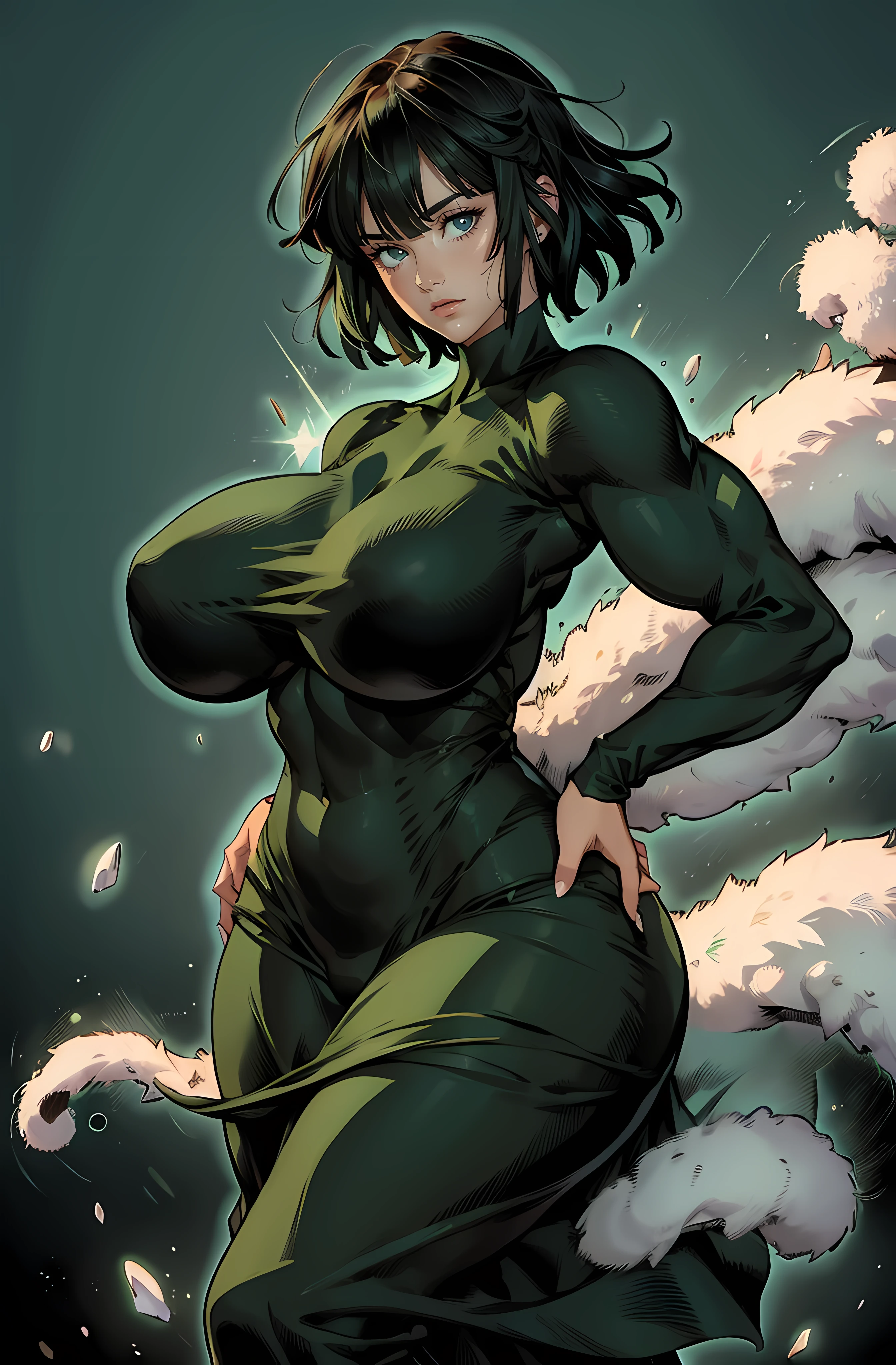 (master piece), high resolution, yusuke murata style,one punch man, fubuki from one punch man, wearing a black green dress, joyful expression, dynamic pose, big breast, big hips, full body view, big body, thick, (Curvy:1.35), ((Master piece)), best quality, perfect bodies,beautiful detailed eyes, extremely detailed face, perfect lighting, ((((huge muscles)))).