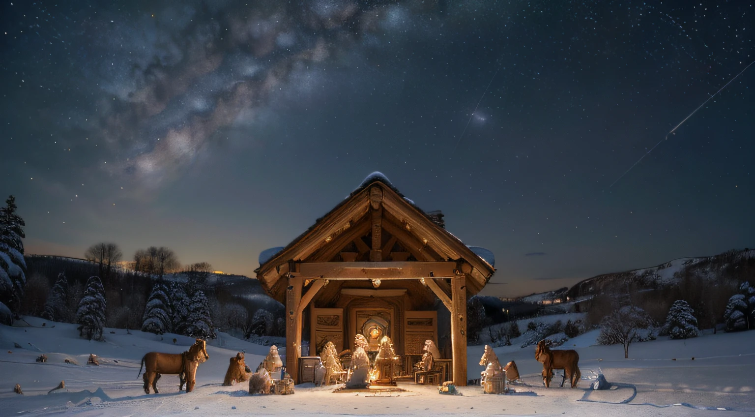 (best quality,4k,8k,highres,masterpiece:1.2),ultra-detailed,(realistic,photorealistic,photo-realistic:1.37),Christmas card nativity scene, Mary, Joseph and baby Jesus,holy atmosphere,beautifully starry sky,A peaceful stable,double halo over Mary and Joseph,angelic glow emanating from baby Jesus,adorable sheep and cows,bright and warm lighting,traditional art style,detailed facial features on Mary,Joseph and baby Jesus,vivid colors,soft pastel tones,surrounded by delicate snowflakes,magical aura around the scene,snow-covered landscape in the background,heavenly music playing,pure and serene moment,peaceful and joyful celebration