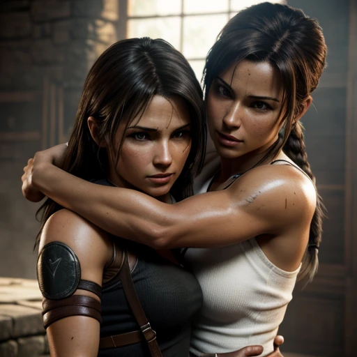 Lara Croft hugging Tifa Lockheart, (skin texture:1.1), (high detail face:1.1), high detail body, high detail clotheasterpiece), (realistic), ultra high definition, 4k, ultra high resolution, photo by Arny Freytag
